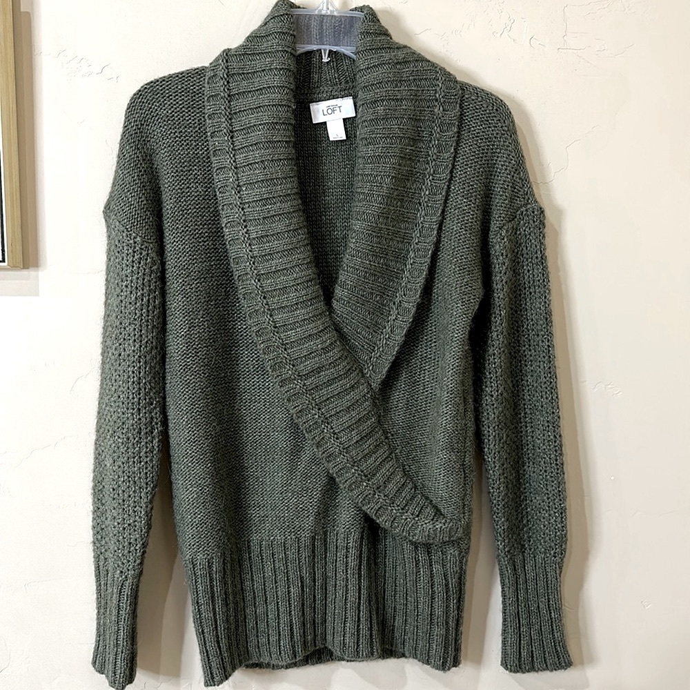 Loft Sweater Surplice Neckline Cross Over Shawl Collar Green Women’s Sz L